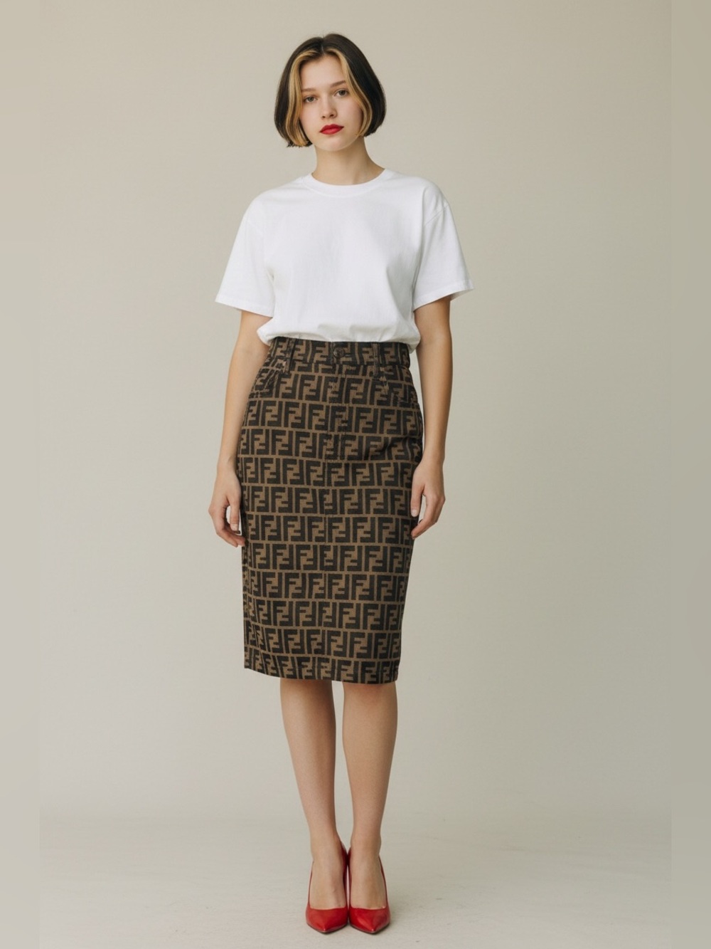 Fendi Brown and Black FF Monogram Pencil Skirt